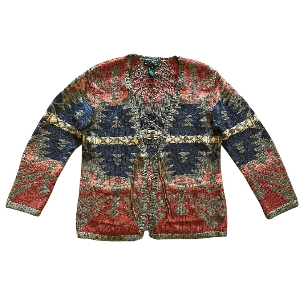 Vintage Ralph Lauren Hand Knit Southwestern Cardigan Petite Large Linen Cotton